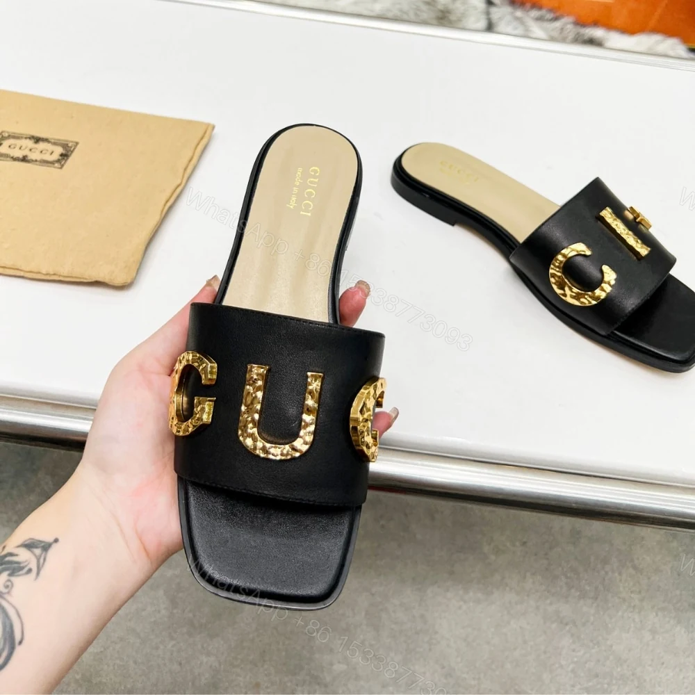 View 6 of GUCCI WOMEN’S LOGO EMBELLISHED SLIDE SANDALS BLACK