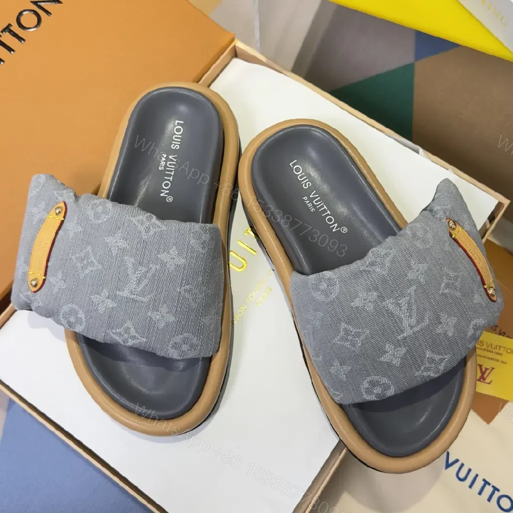 View 6 of Soft Denim Monogram Slides with Leather Accent — Everyday Luxury