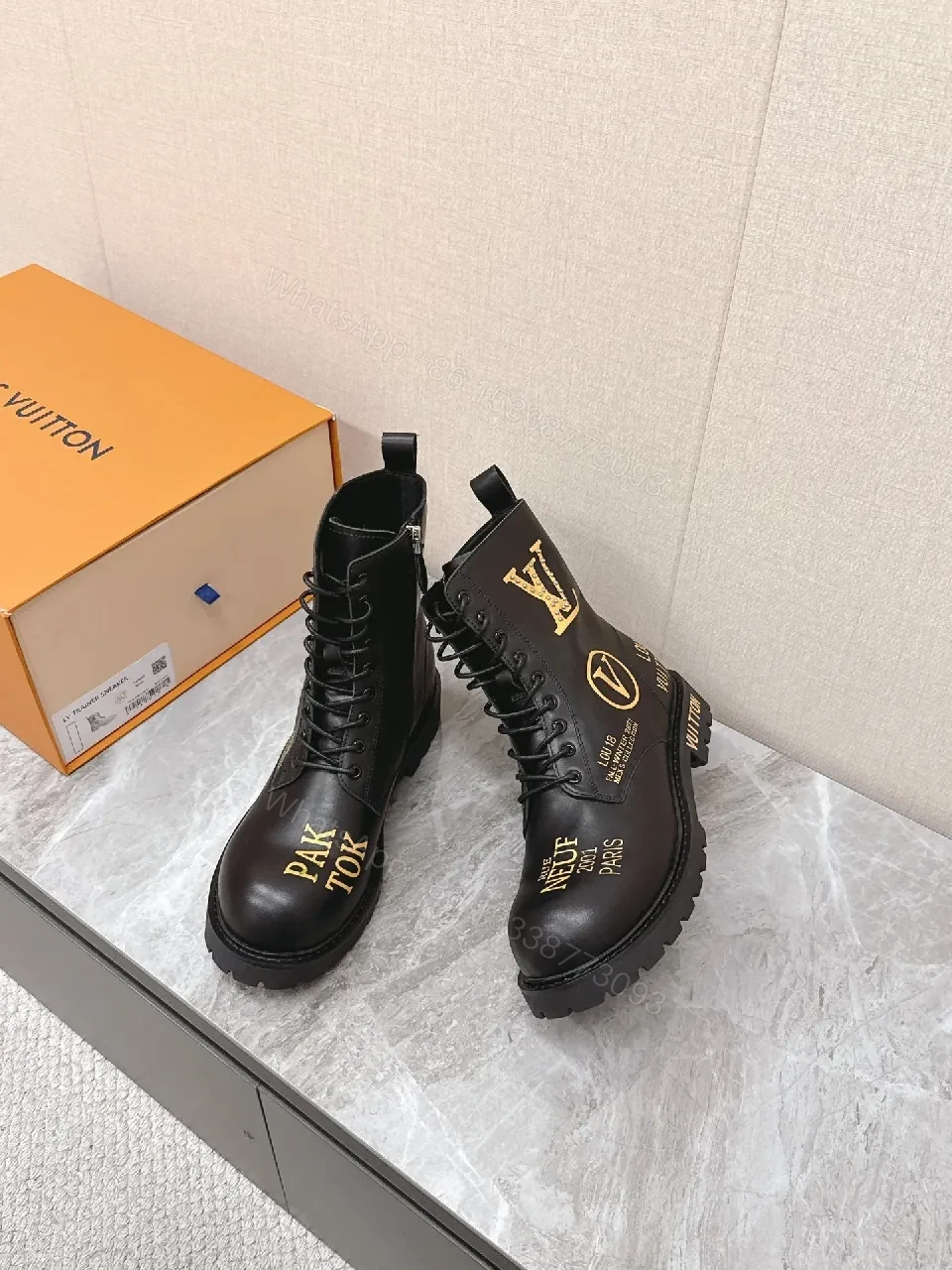 View 2 of Matte Leather Boots: Gold Graphic Luxury Style, Everyday Wear