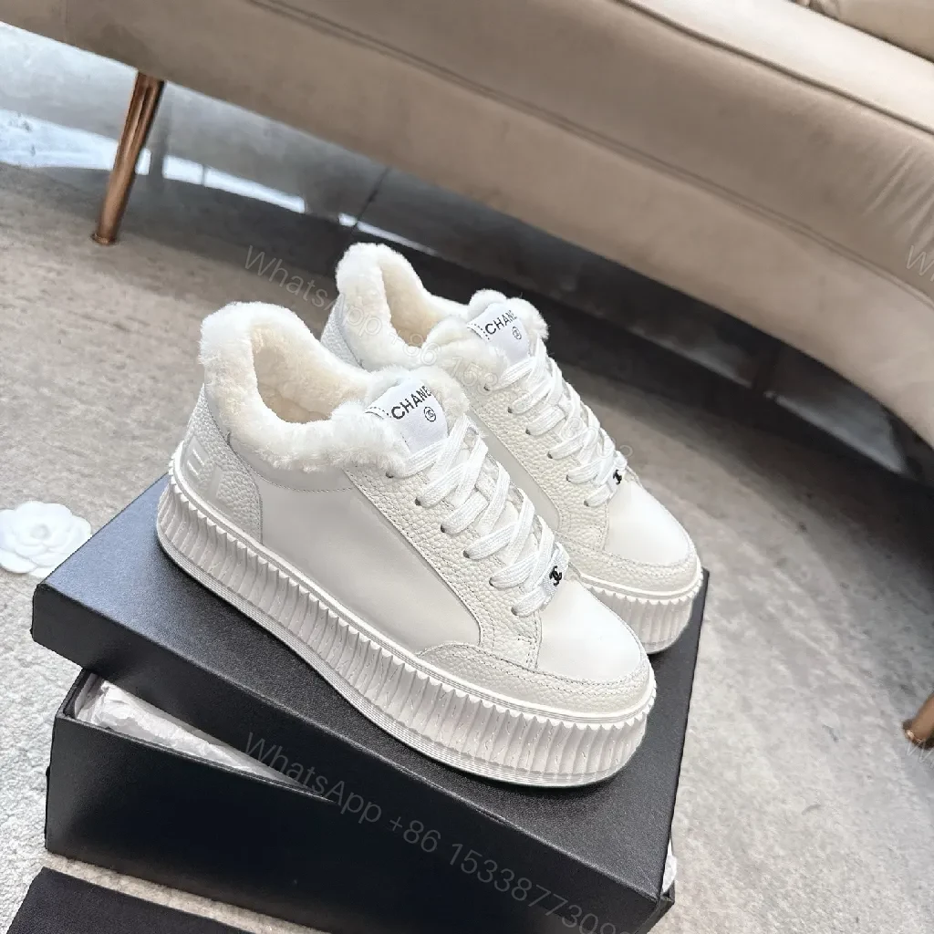 View 9 of White Leather Platform Sneakers with Plush Shearling