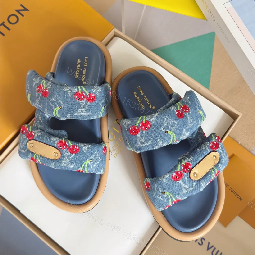 Denim Cherry-Embroidered Slides: Playful Luxury Sandals — view 1