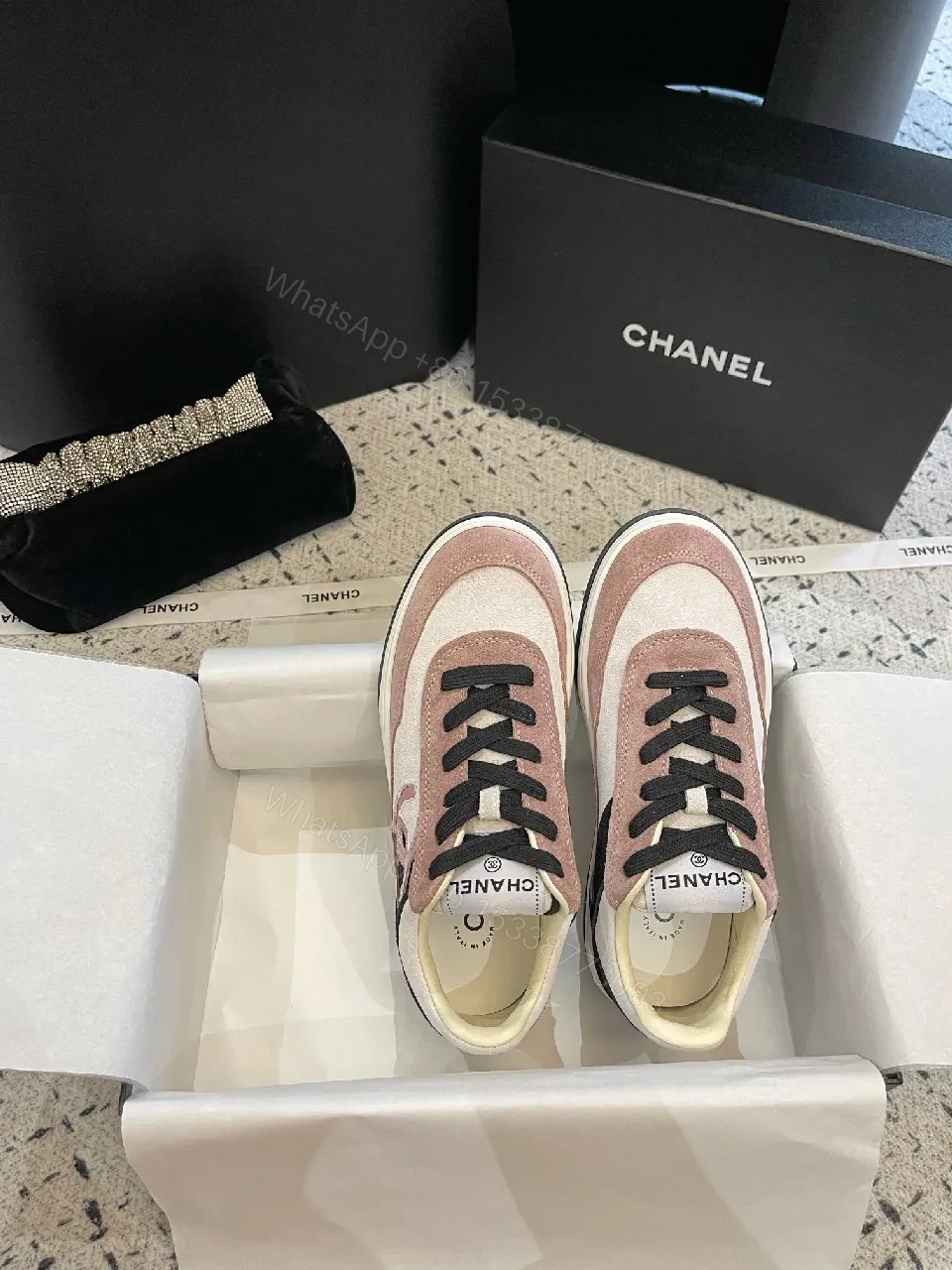 View 2 of Soft Pink Suede & Leather Luxury Sneaker – Mixed Textures, Low-Profile Comfort