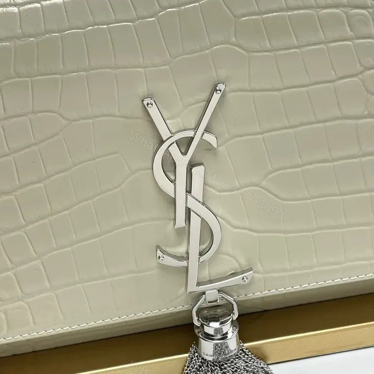View 5 of Crocodile-Texture Flap Bag: Cream + YSL Tassel Flair
