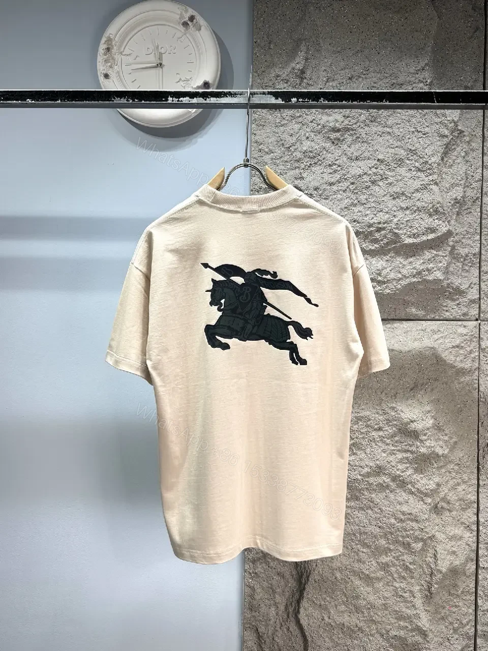 View 6 of Light Beige Off-White Loose Tee with Chest Logo, Short Sleeves
