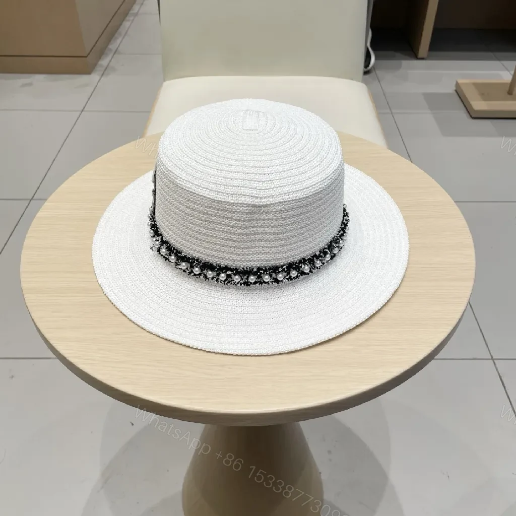 View 7 of White Straw Hat - Braided Texture, Chain Detail, Wide Brim