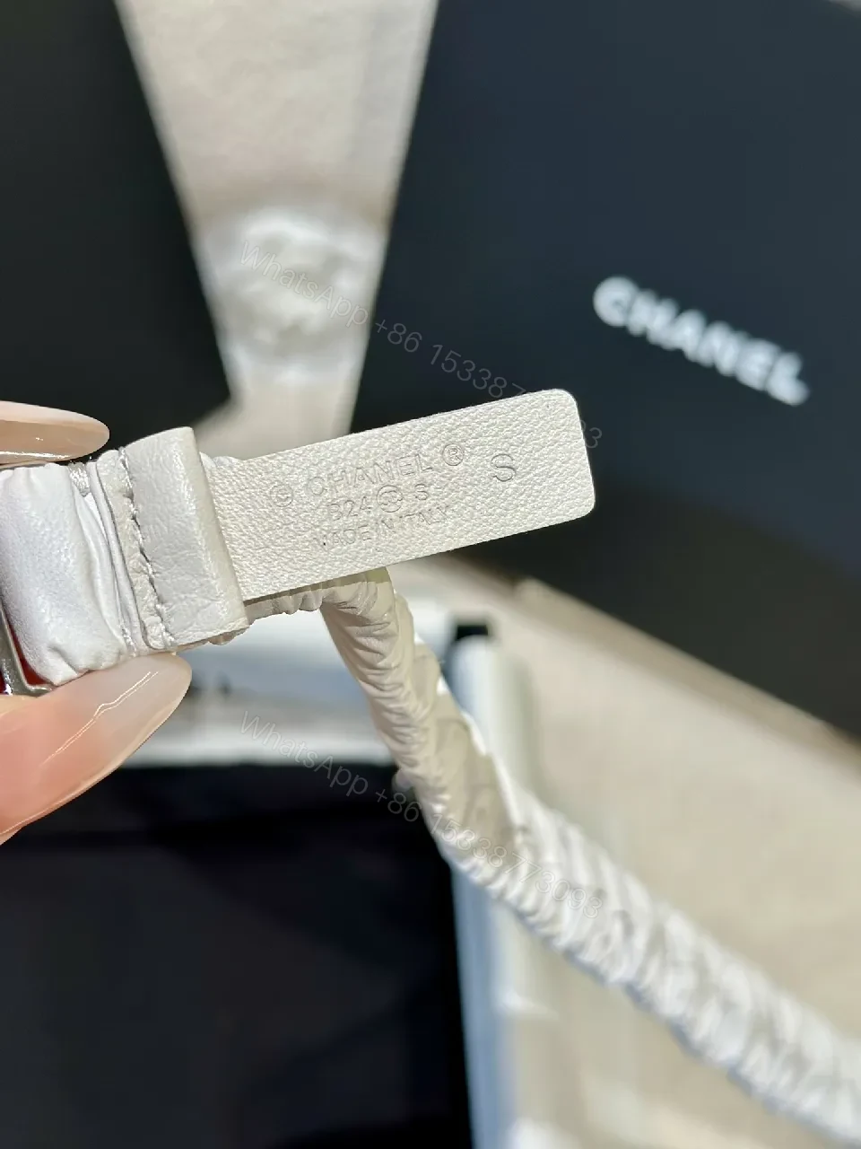 View 6 of Lux White Strap Belt-Style Watch: Pavé Logo Bezel
