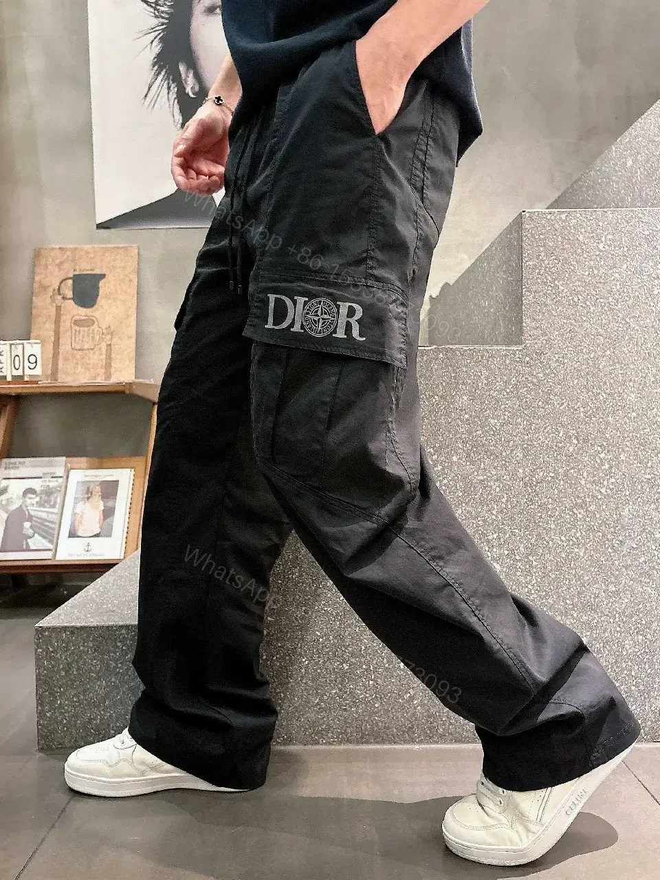 View 7 of Black Cargo Pants - Tactical, Smooth Fabric, Dior Logo Pocket, Relaxed Fit