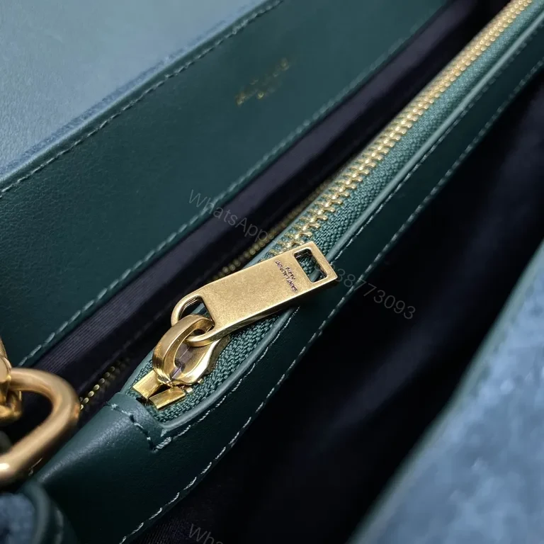 View 2 of Chic Teal Suede Quilted Shoulder Bag with Gold Monogram