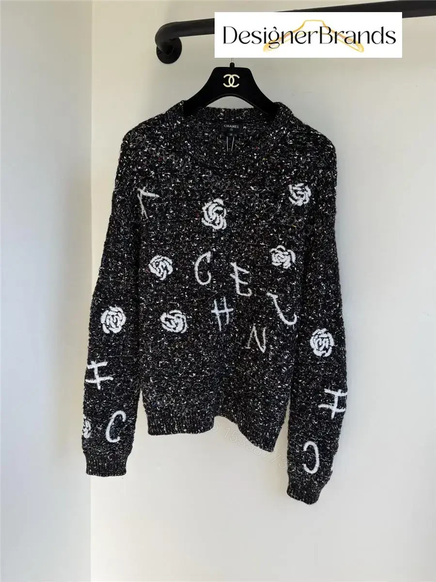View 2 of Bouclé Knit Cardigan - Graphic Logo Motifs, Black/White, Chic