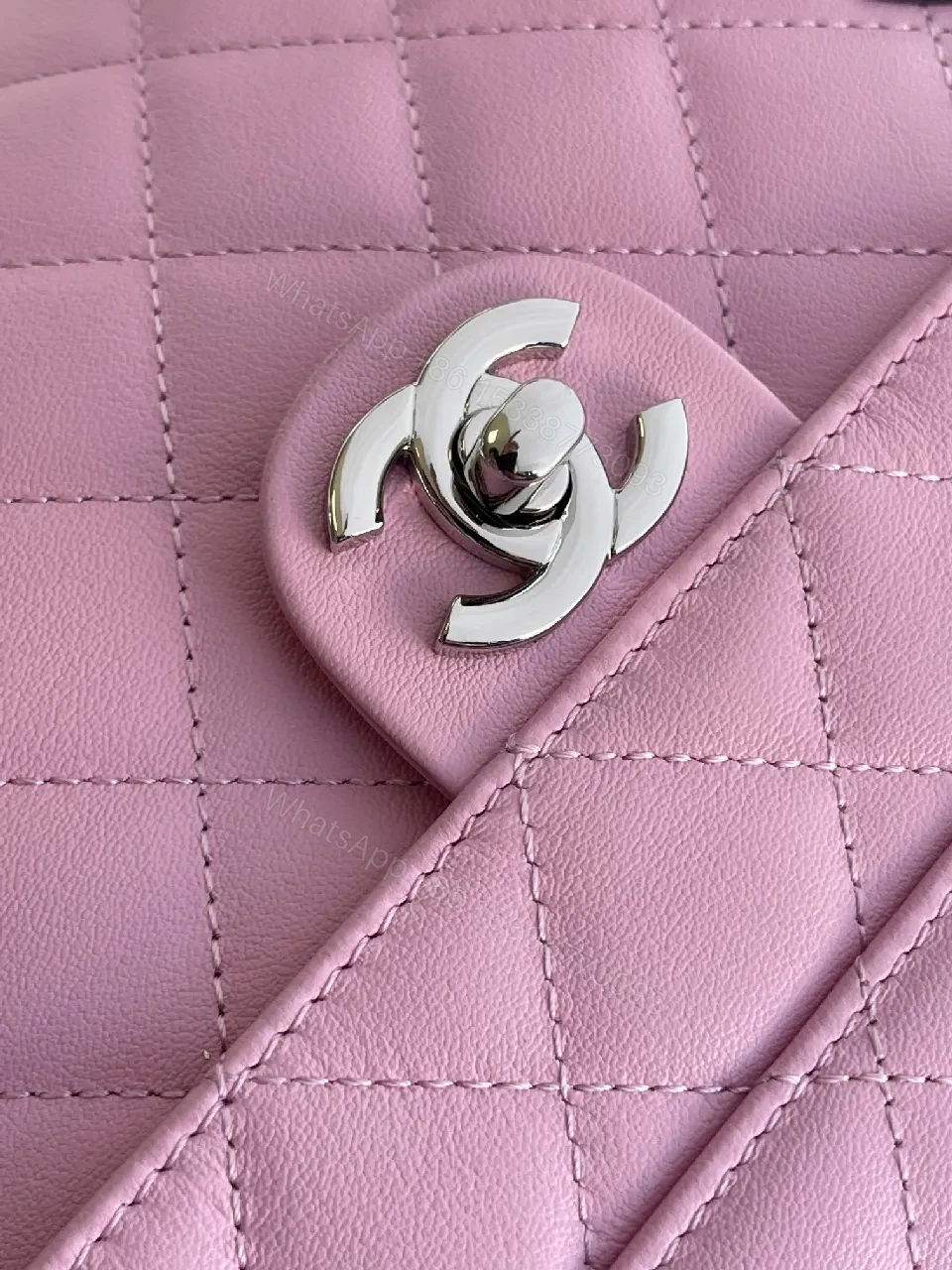 View 9 of Pink Quilted Handbag with Logo Hardware, Compact Classic Style