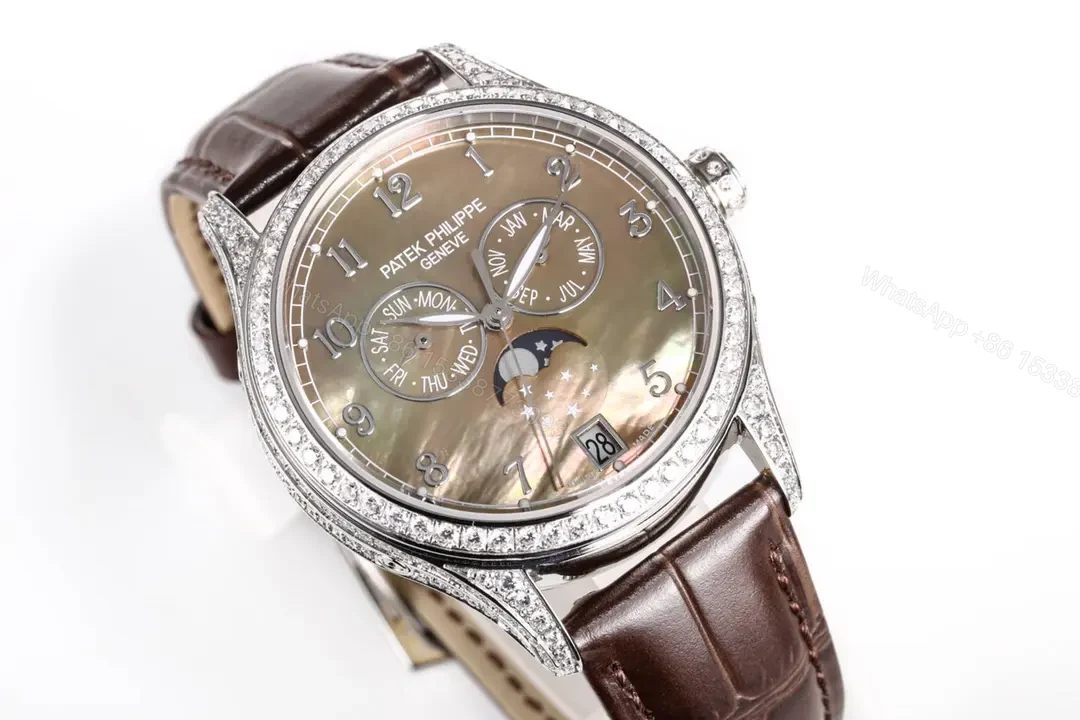 View 3 of Patek Philippe Complications Collection Annual Calendar Moon Phase Ladies’ Watch in Rose Gold/Silver with Diamond Set Case Brown Leather Strap