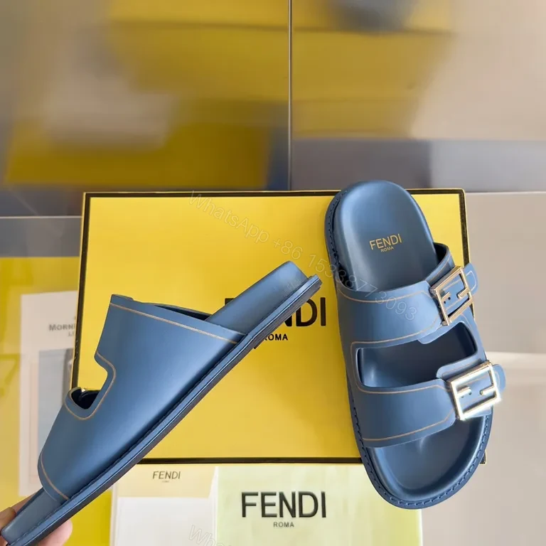 View 3 of Sky-Blue Fendi Leather Slide with Architectural Straps
