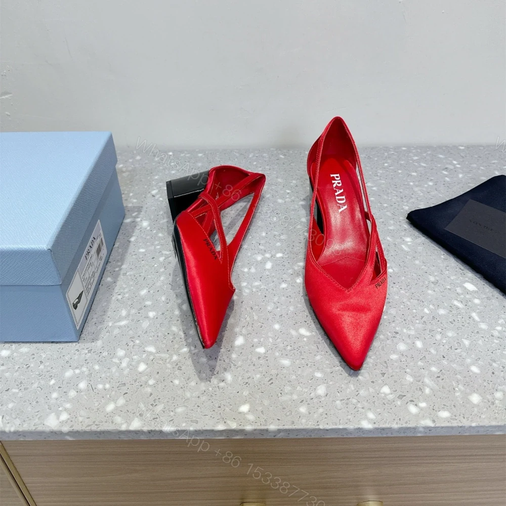 View 4 of 高仿Prada*1I747C尖頭粗跟高踭鞋5.5CM緞面紅色免檢版