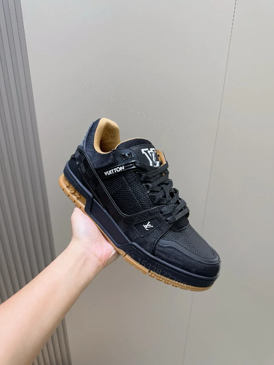 View 3 of Black Leather-Luxe Trainers with LV Detailing, Everyday Edge