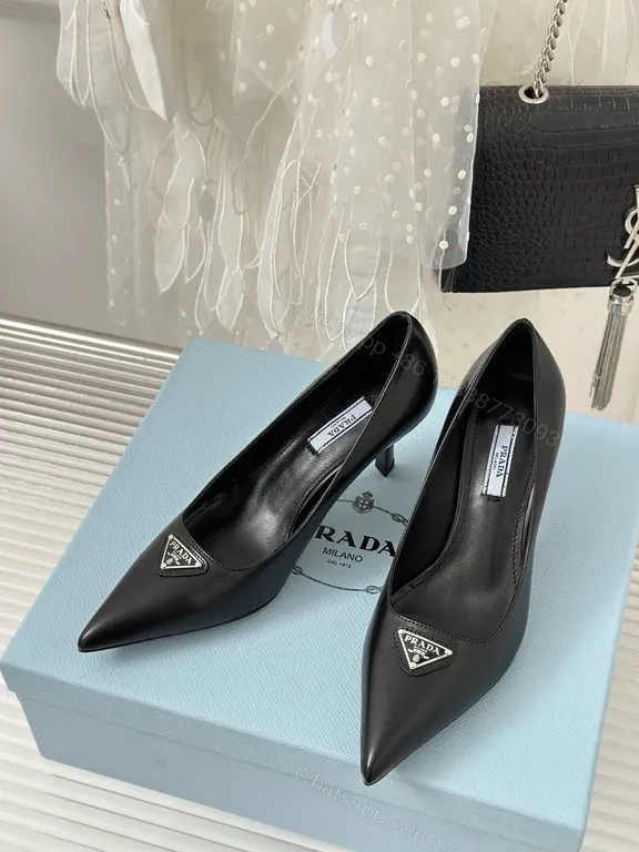 View 7 of Prada Black Leather Pumps â€“ Signature Triangle Logo, Pointed Toe