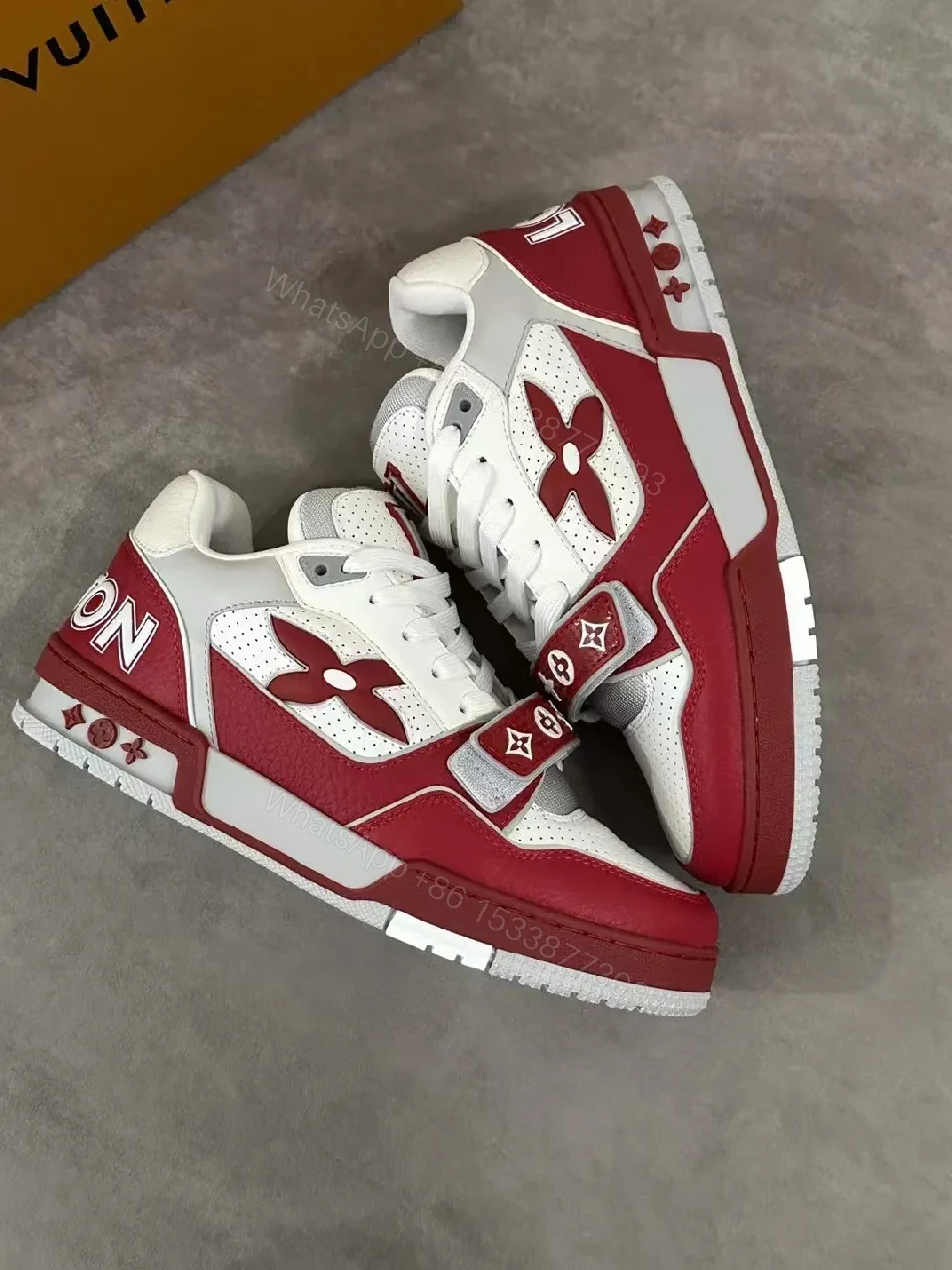 View 5 of Bold White & Burgundy Leather Trainer with LV-Style Details