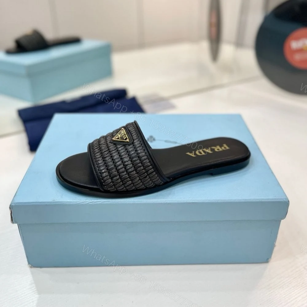 View 4 of Prada Leather Slides With Crochet Details Black