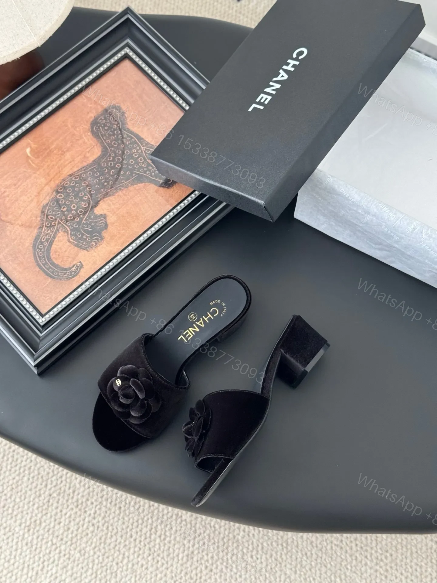 View 3 of Chanel Women Black Velvet Flower Embellished Mules