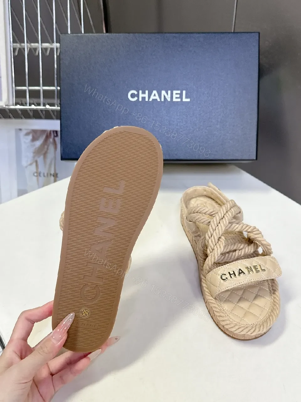 View 8 of Quilted Footbed Sandals with Knit Straps, Neutral Tone