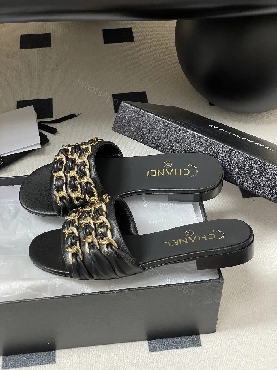 View 4 of Black Leather Slide with Gold Chain Detail – Luxury Everyday Comfort