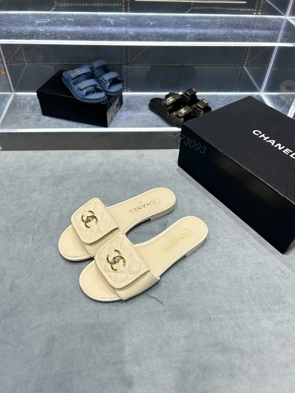 View 7 of Beige Quilted Strap Slide Sandals with Gold Double-C Logo