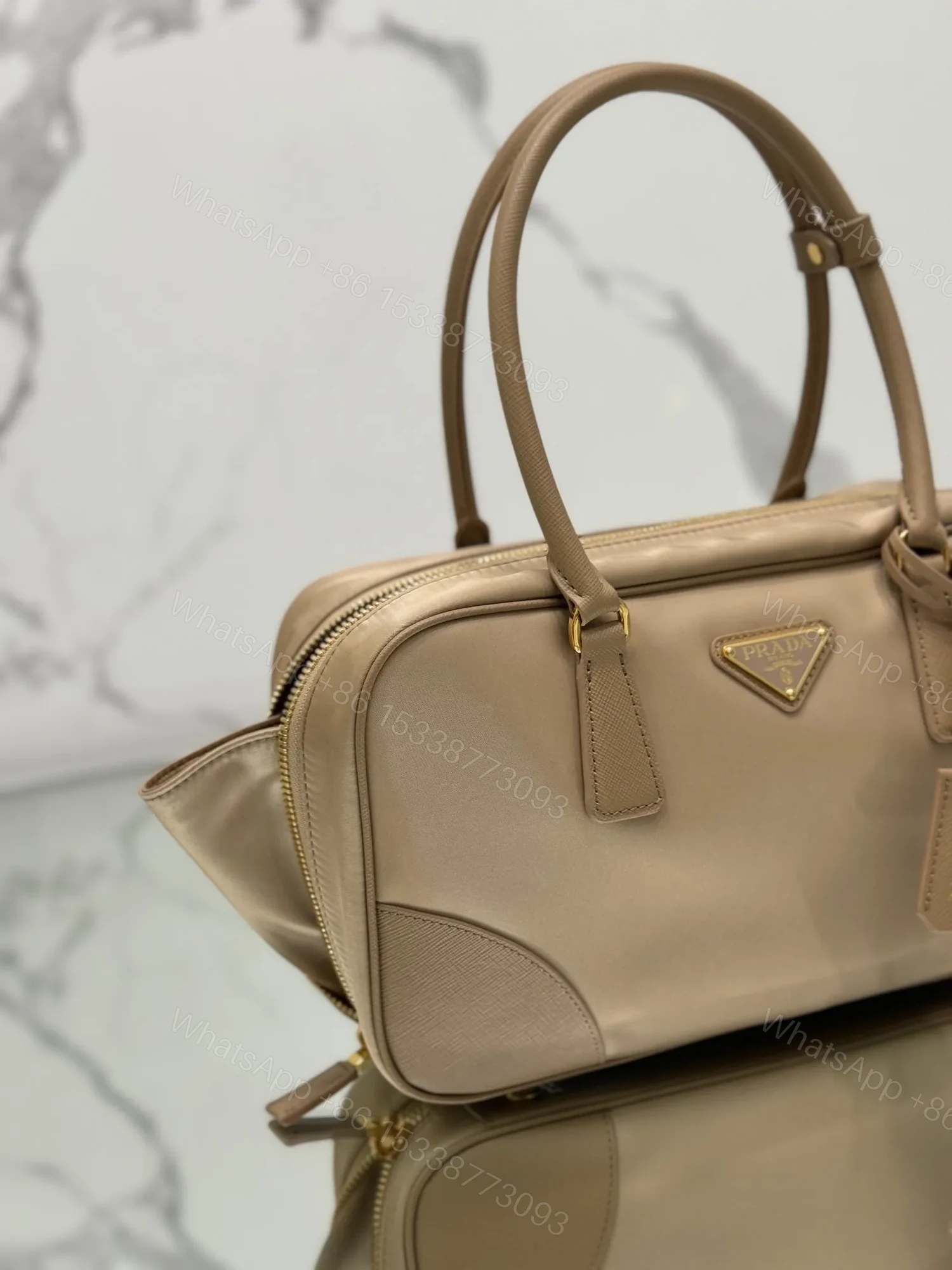 View 5 of MEDIUM TOP HANDLE BAG 30 IN DRIED MOSS NYLON AND CALFSKIN TRIM