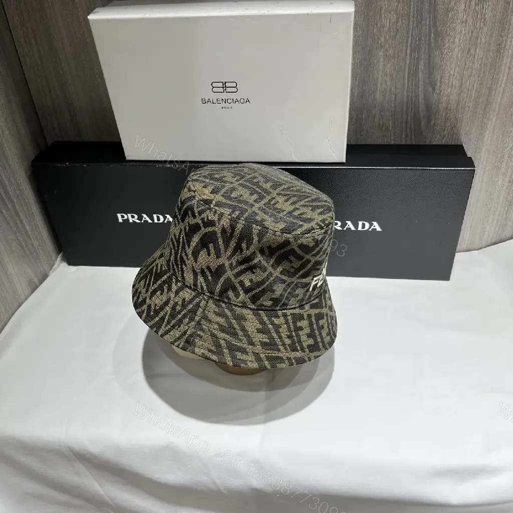 View 7 of Brown & Beige Monogram Bucket Hat – Fendi-Style Logo Crown Front