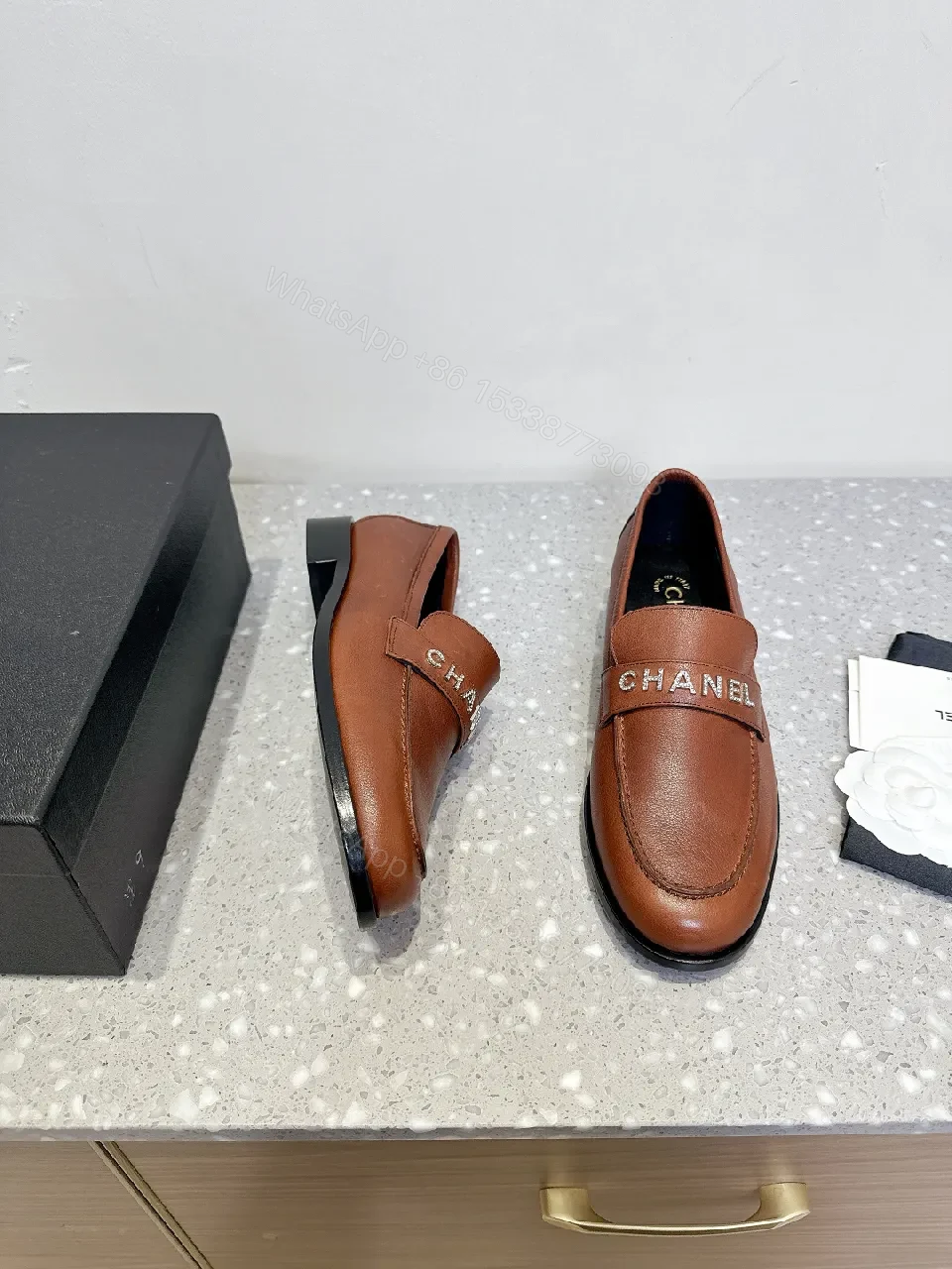 View 5 of Caramel Leather Moccasin Loafers with Band Accent