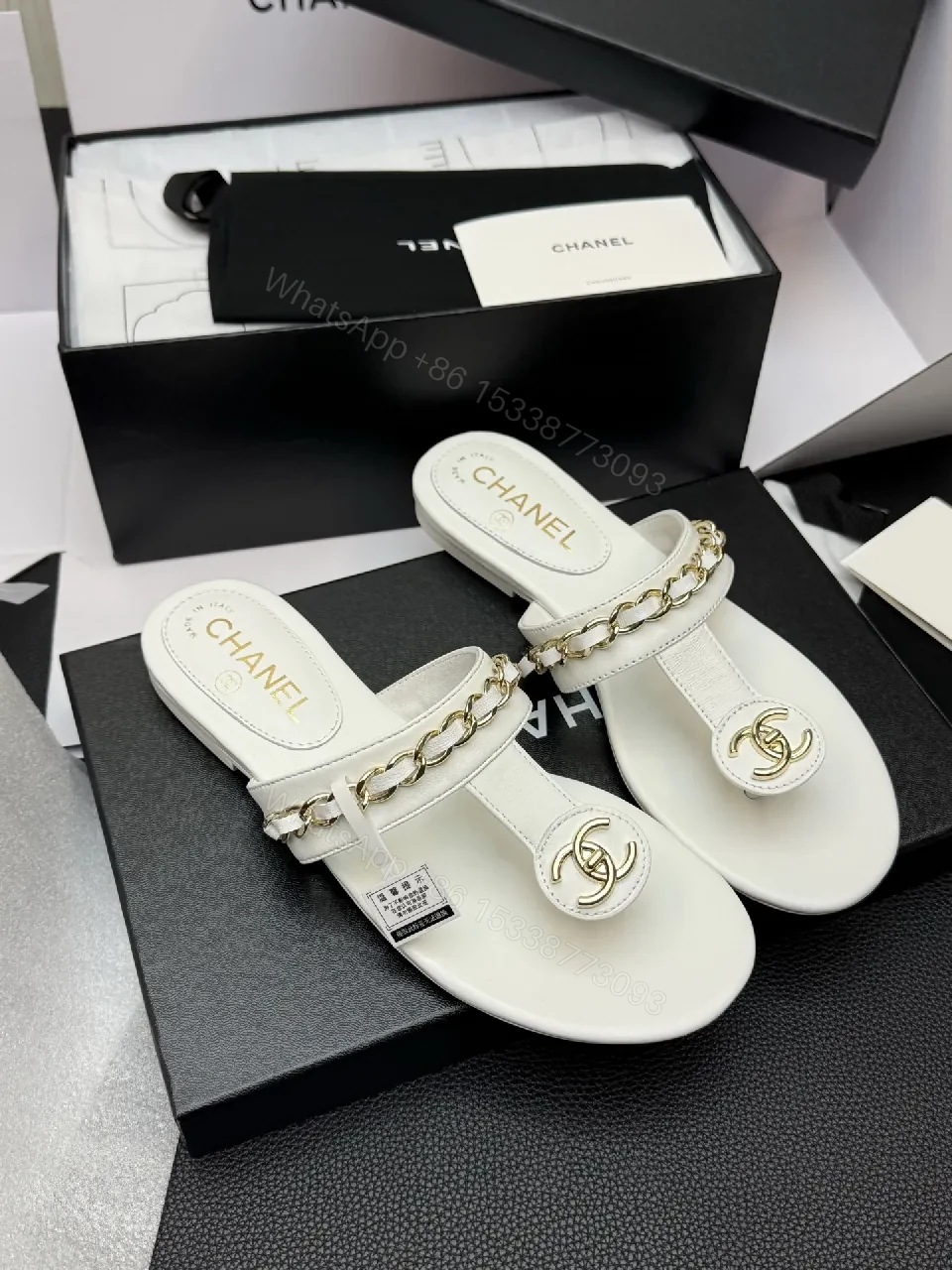 View 5 of Elegant White Leather Sandals with Gold Chain Accent
