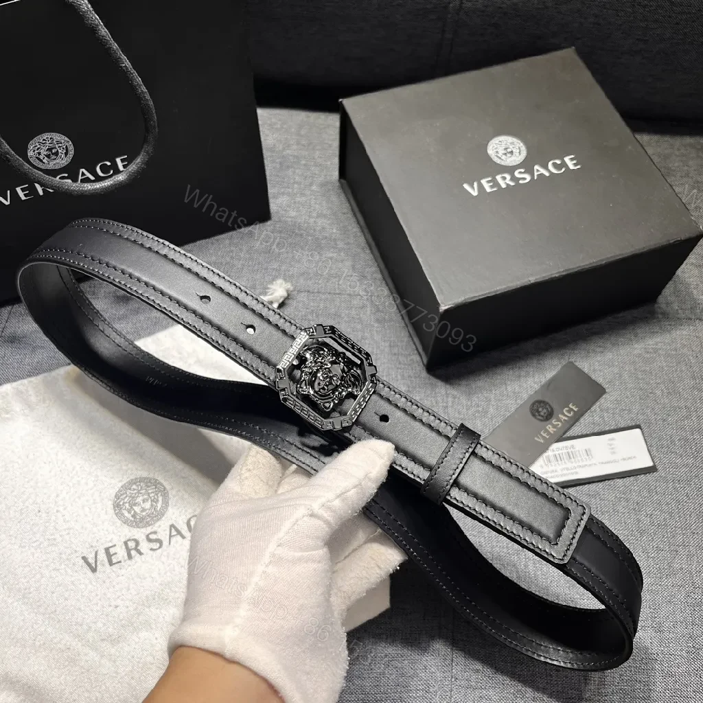 View 8 of Bold Black Leather Belt with Medusa Buckle - Modern Geometric Design
