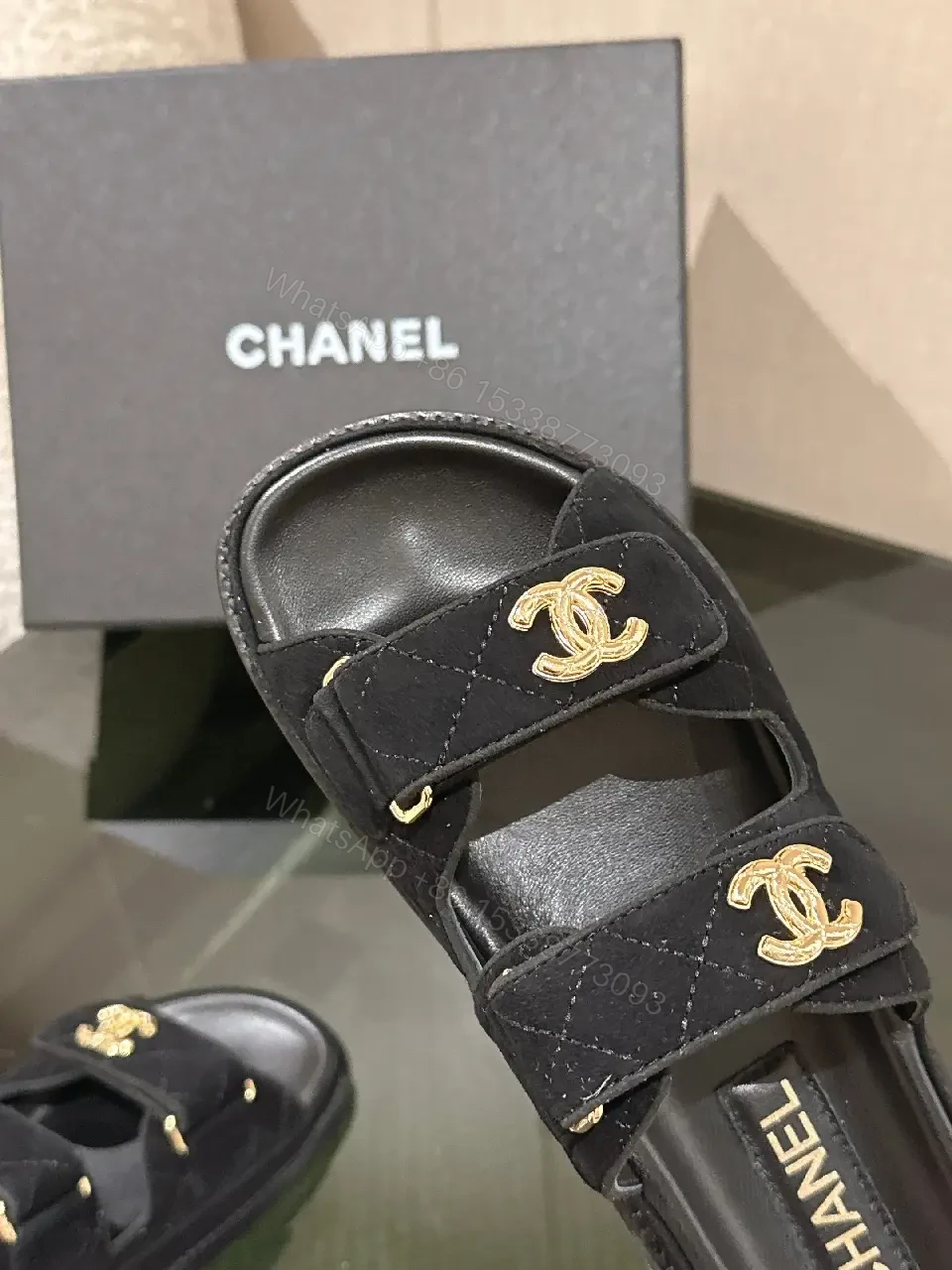View 3 of Quilted Black Sliders with Gold Hardware — Everyday Luxury