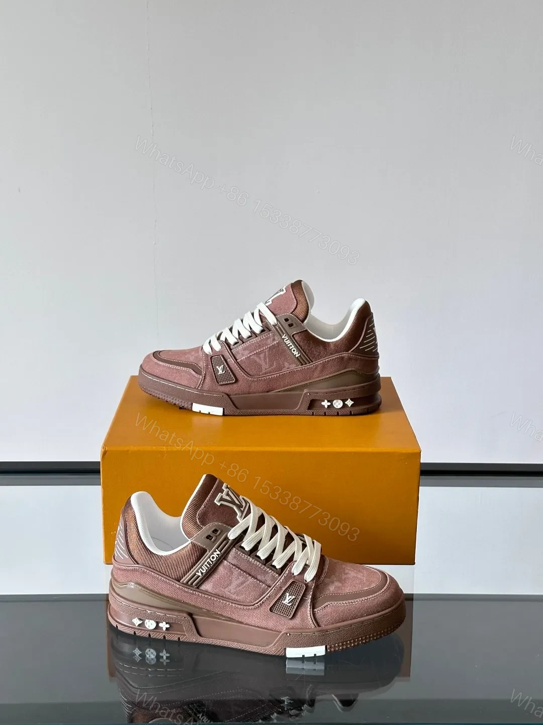 View 3 of LV Men Brown Suede Leather Sneakers