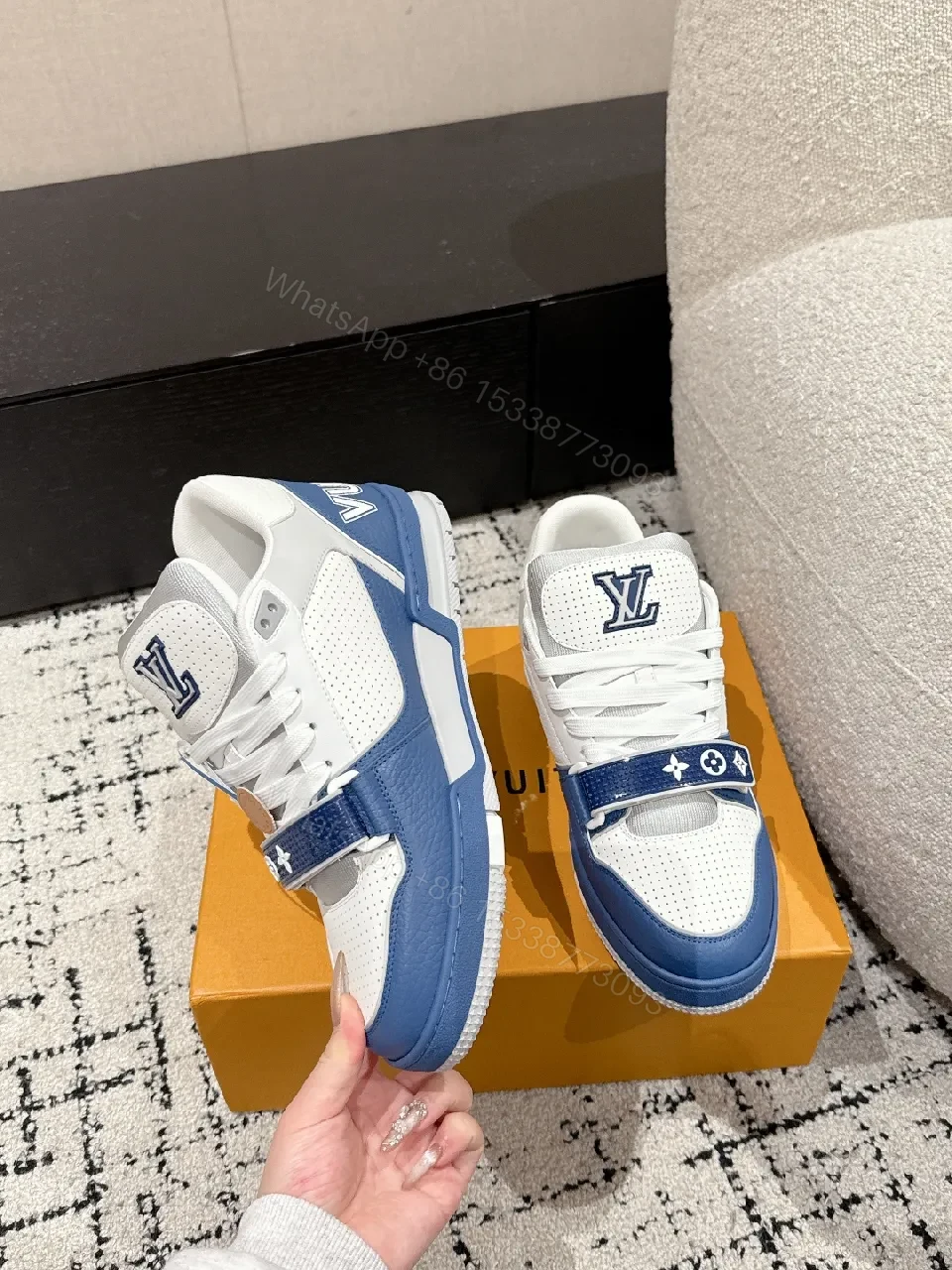 View 6 of Blue & White Luxe Leather High-Tops with LV Hints