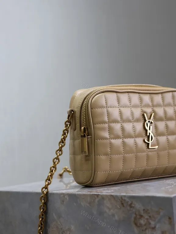 View 5 of Taupe Quilted Crossbody Bag with Gold YSL-Inspired Logo