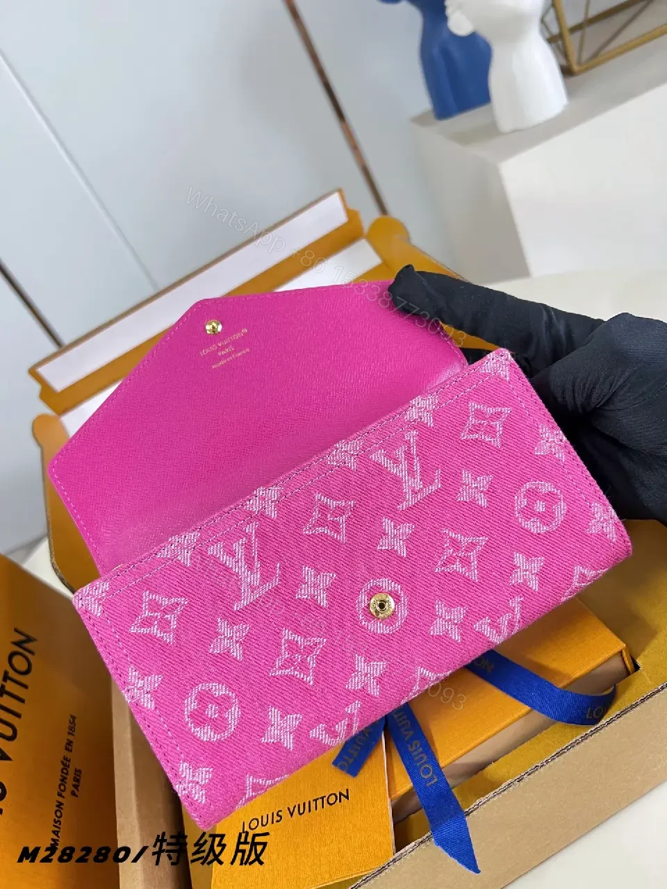 View 6 of Vibrant Pink LV Monogram Embossed Flap Wallet Clutch