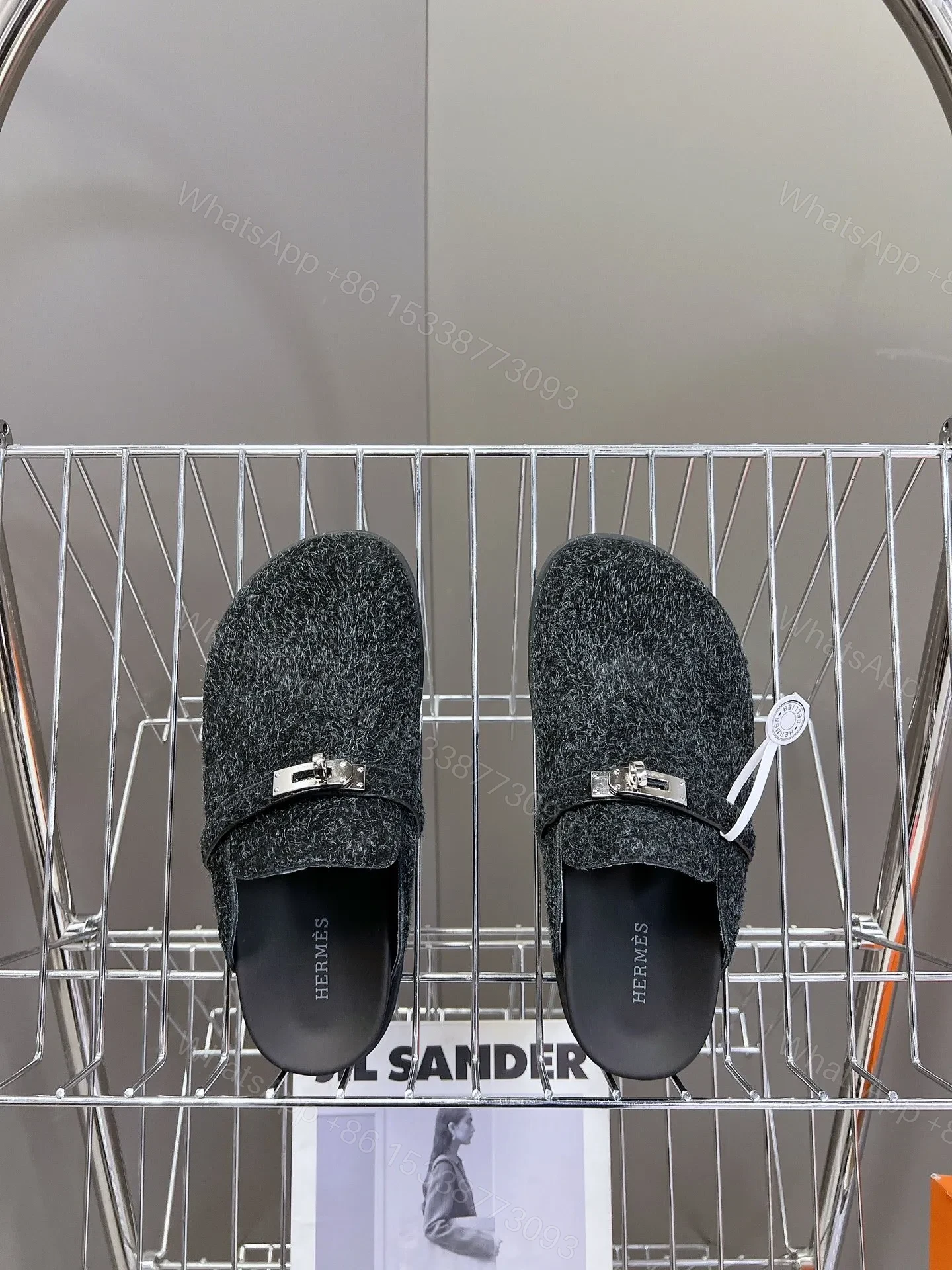 View 6 of Hermes Women Black Fuzzy Fabric Mules
