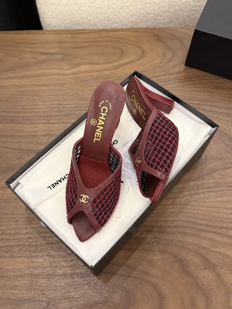 View 5 of Red Leather Mesh Heel Sandals Classic Chanel Style Mid Heel Sandal