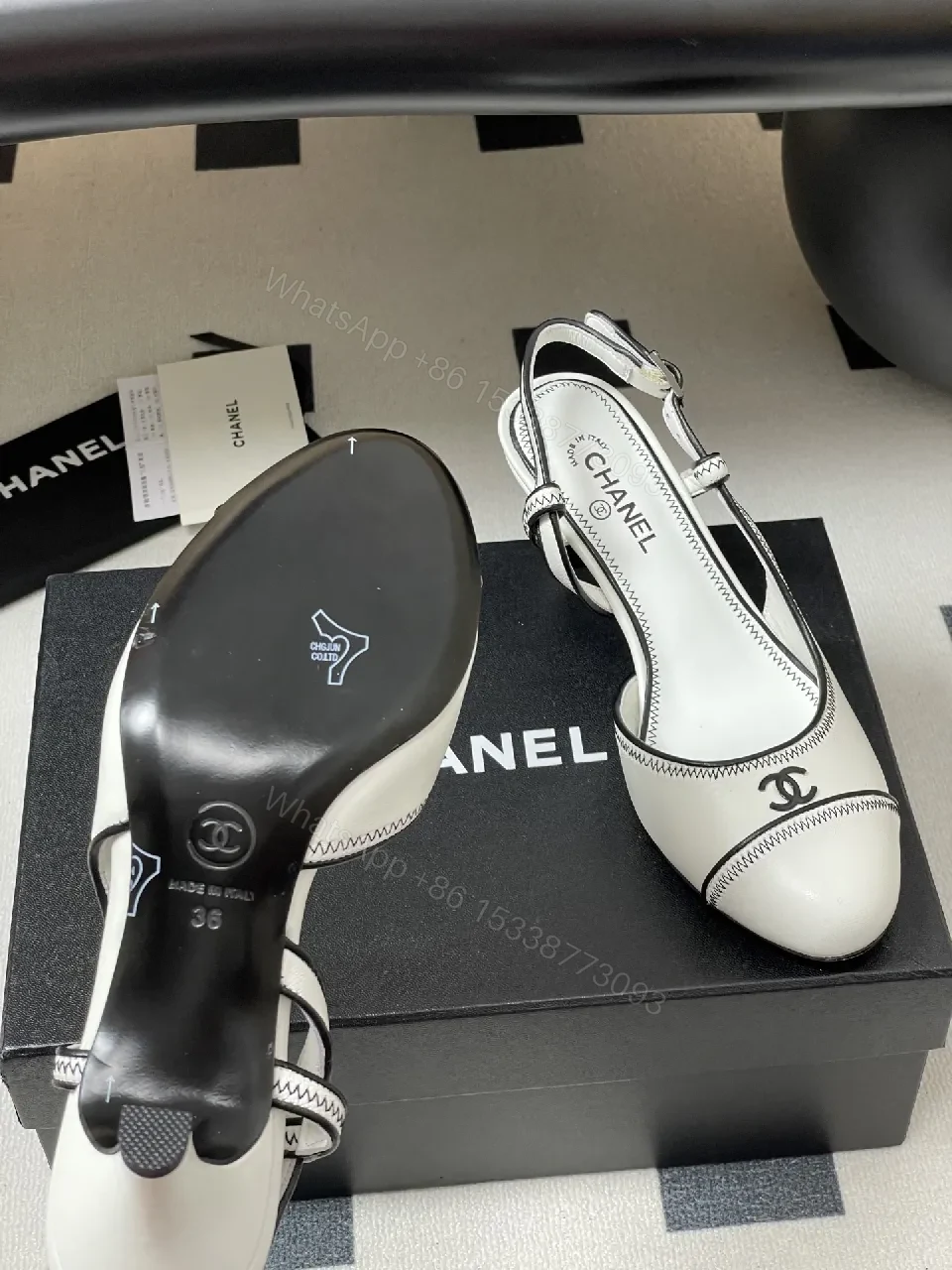 View 8 of White Leather Slingback Pumps with Contrast Stitching