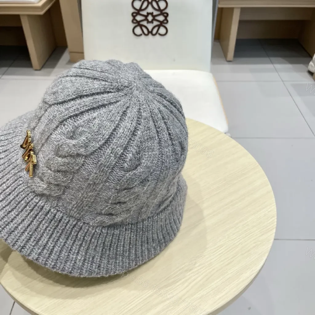 View 4 of Textured Wool Cap with Gold Logo Knit Hat, Grey, Luxury Style