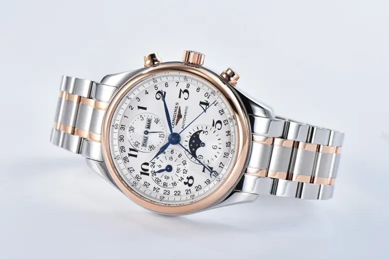 View 5 of Longines Master Collection Moonphase Chronograph Watch Silver Dial Two Tone Stainless Steel and Rose Gold Bracelet 42mm Case Classic Elegant Style