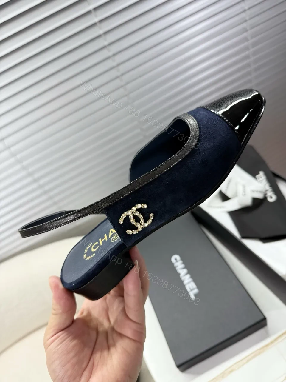 View 5 of Navy Knit Slingback Mules with Patent Toe