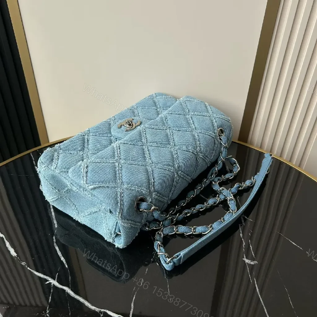 View 4 of Light-Blue Denim Flap Bag with Chain Strap, Quilted, Everyday Luxe