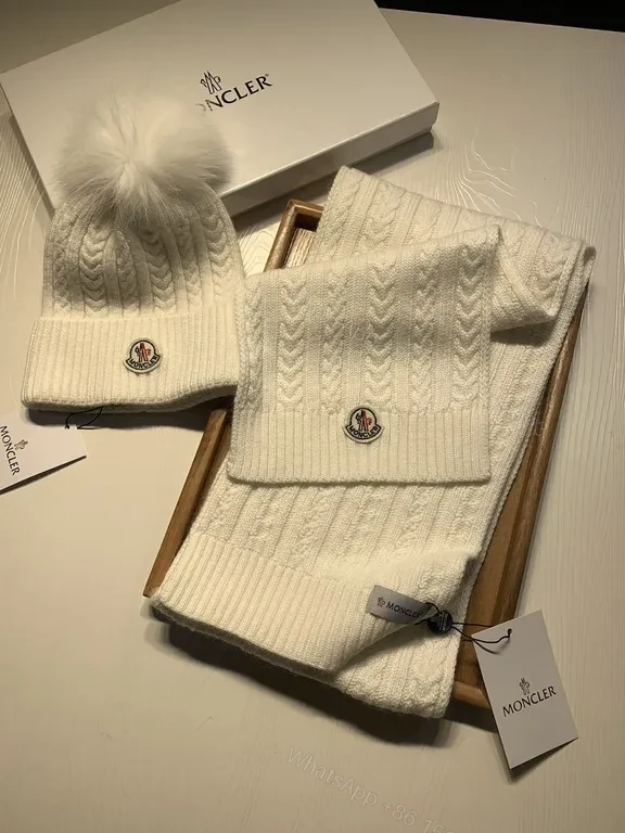 View 9 of Lux Knit Set: Cable Texture Beanie & Scarf, Ivory Moncler Style