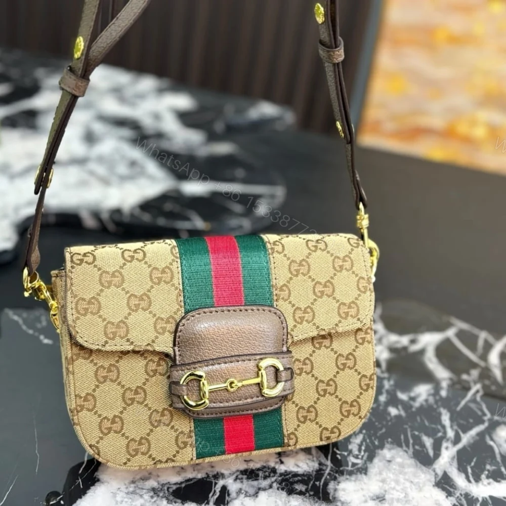 View 2 of Gucci Horsebit 1955 Small Shoulder Bag GG Canvas Sand And Brown 21cm