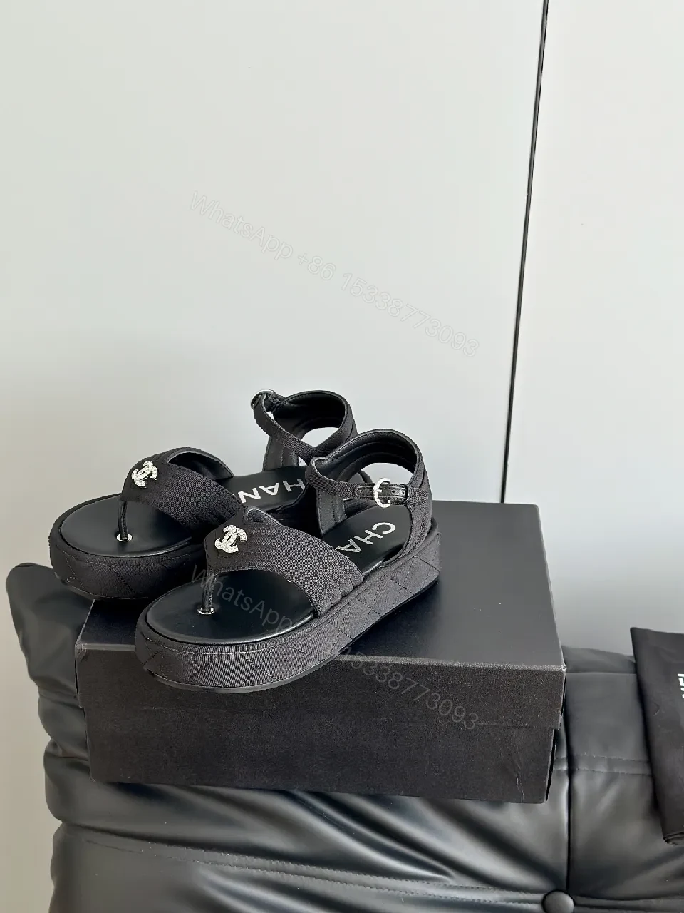 View 2 of Lux Black Sandals • Textured Upper • Logo Strap Luxe Comfort