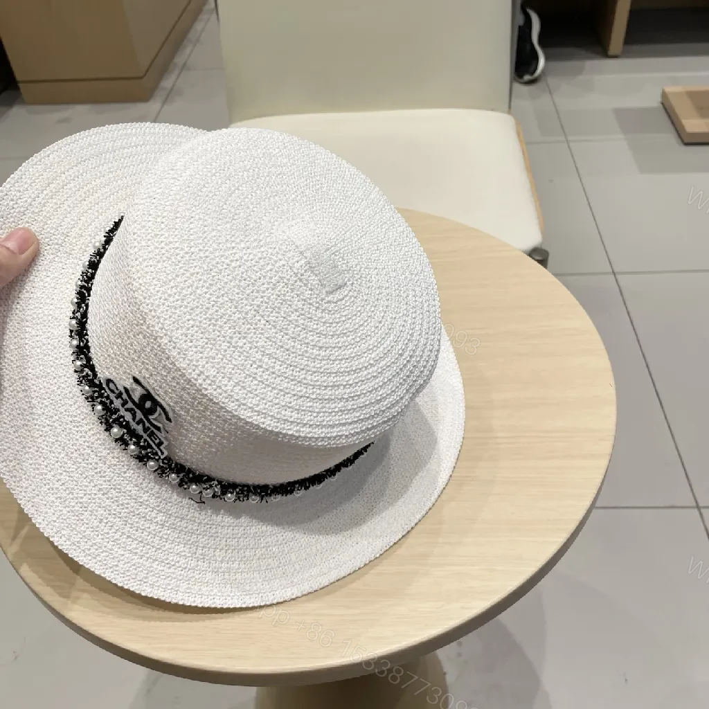 View 2 of White Straw Hat - Braided Texture, Chain Detail, Wide Brim
