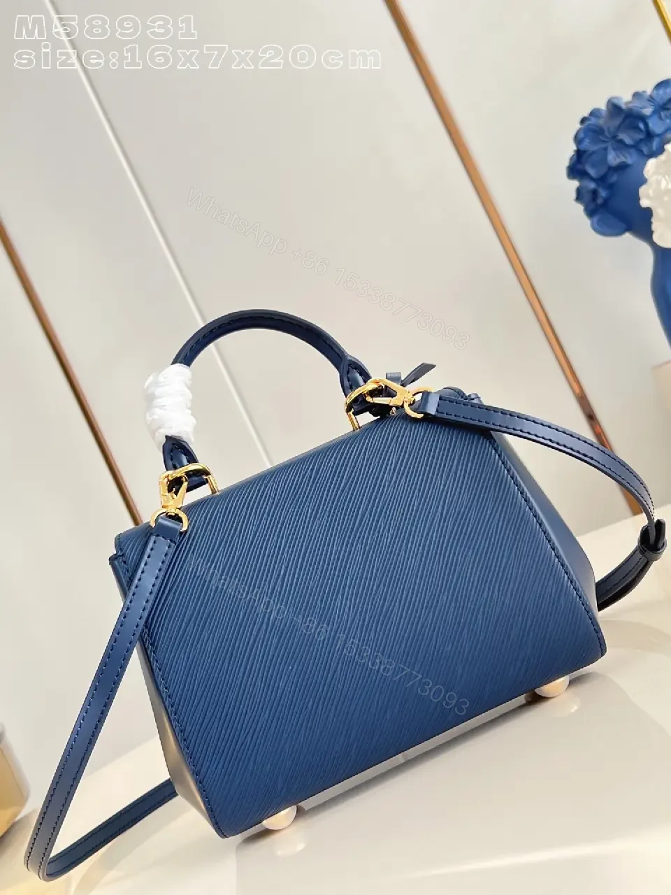 View 3 of Blue Saffiano Leather Structured Bag with Luxe Hardware