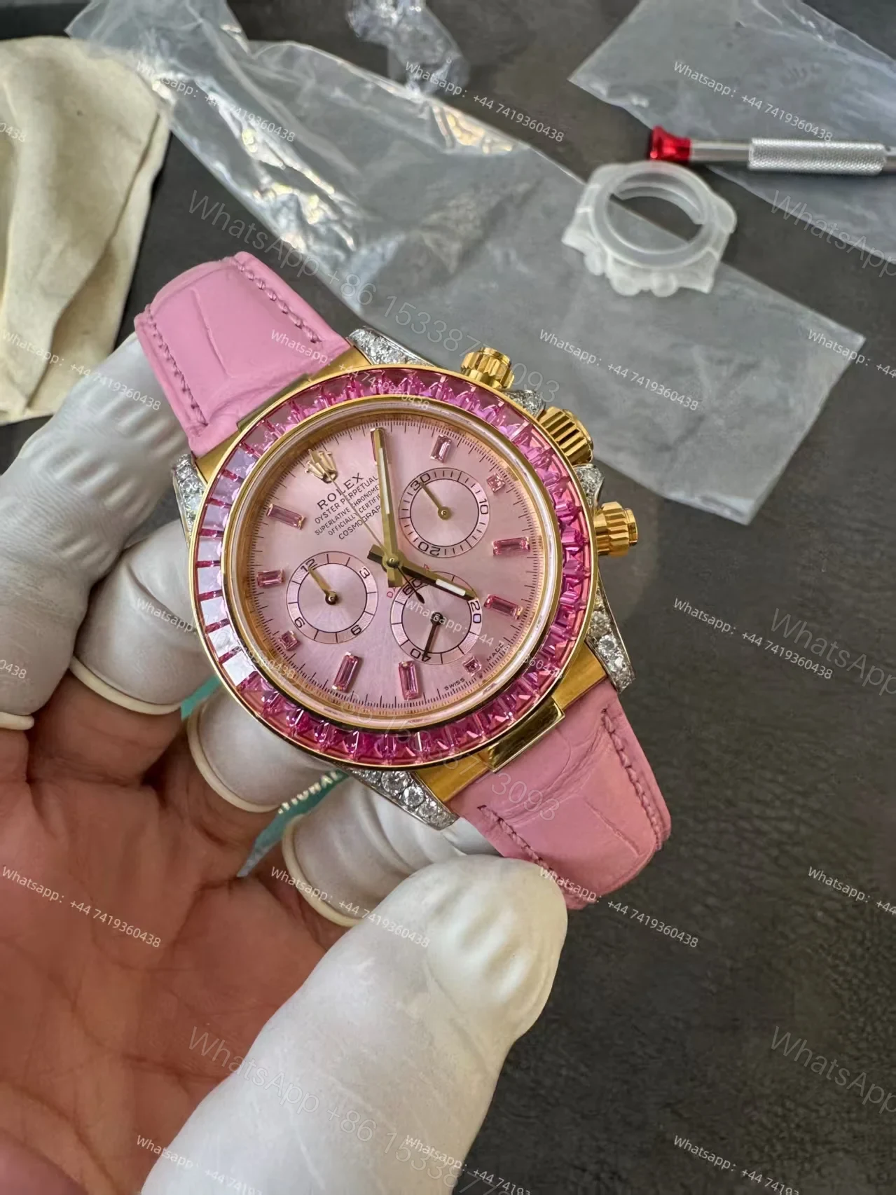View 3 of Rolex Daytona 126538TRO Pink Dial with Diamond Indexes Pink Sapphire Bezel on Pink Leather Strap Best Super Clone