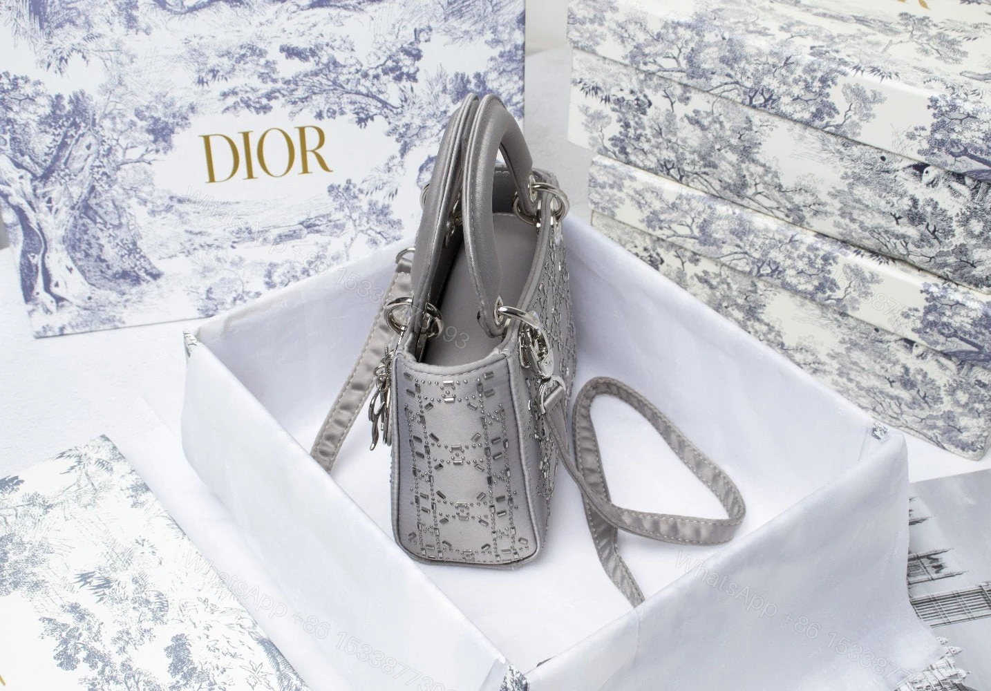 View 9 of Lady Dior Embellished Cannage Satin Mini