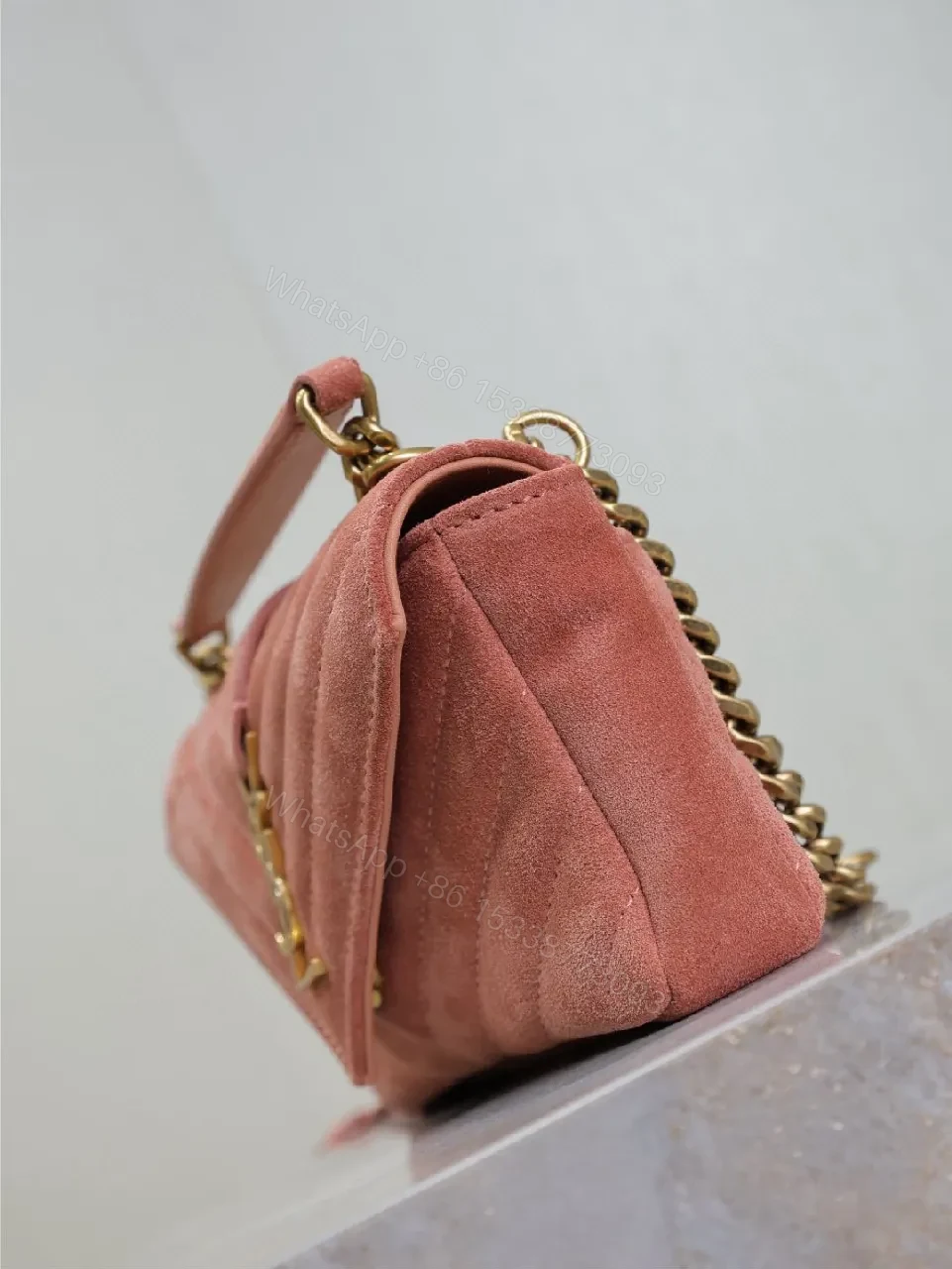 View 7 of Soft Rose Velvet Quilted Bag with Gold Accent